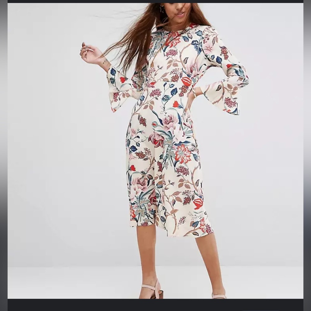 ASOS Printed Midi Column Dress with Fluted Sleeves at